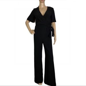 THEORY BLACK SHORT SLEEVE WRAP JUMPSUIT